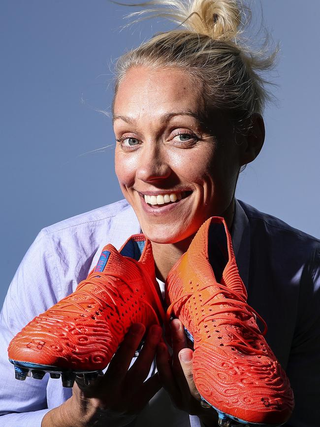 Adelaide co-captain Erin Phillips is auctioning off her AFLW Grand Final boots to raise money for the bushfire relief. Picture: Sarah Reed