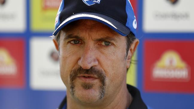 Luke Beveridge at yesterday’s highly anticipated press conference. Picture: Darrian Traynor/Getty Images