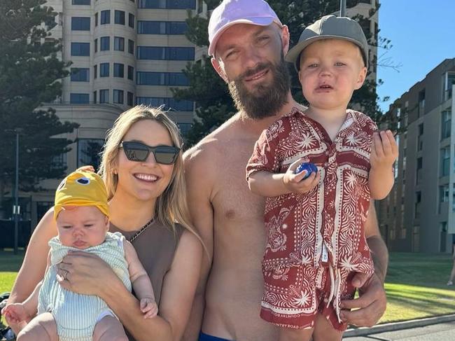 Melbourne Football Club captain Max Gawn enjoys an Easter Egg hunt at Glenelg with his wife Jess and sons George and Louis. Picture: Instagram