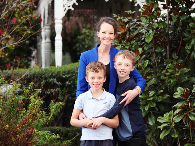 Lora Winter with her sons (from left) James, 8, and Samuel, 10. Picture: Rebecca Michael.