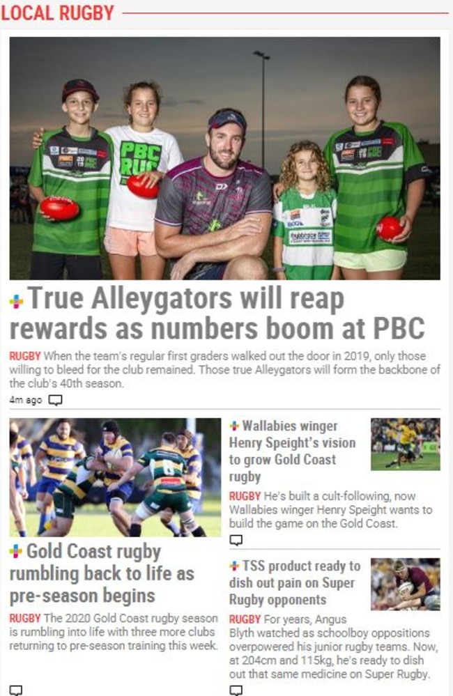 The Gold Coast Bulletin's new rugby homepage layout.