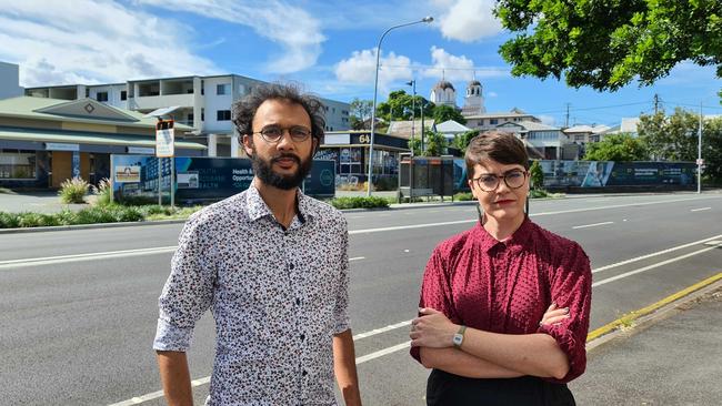 Amy McMahon and Jonathan Sri in front of the site where there's plans to build a private hospital in Woolloongabba.