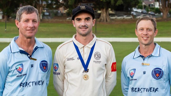 Sydney cricket player Beau McClintock with his Player of the Match medal.