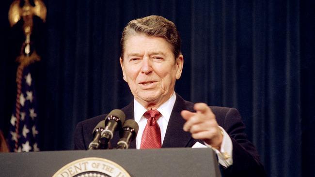 US President Ronald Reagan gestures while speaking at the White House in 1988. Picture: File