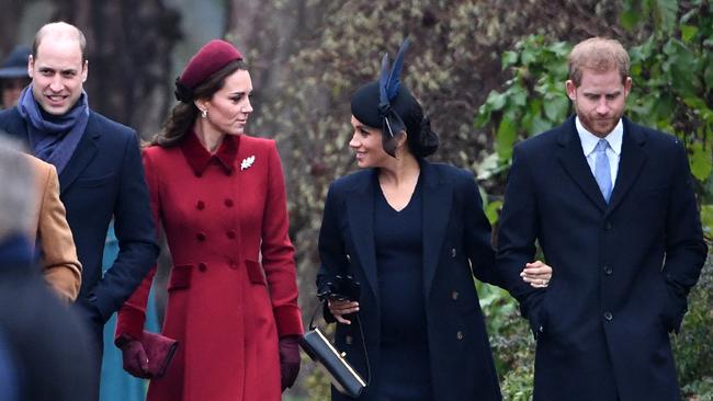 (FILES) (L-R) Britain's Prince William, Duke of Cambridge, Britain's Catherine, Duchess of Cambridge, Meghan, Duchess of Sussex and Britain's Prince Harry, Duke of Sussex arrive for the Royal Family's traditional Christmas Day service at St Mary Magdalene Church in Sandringham, Norfolk, eastern England, on December 25, 2018. (Photo by Paul ELLIS / AFP)