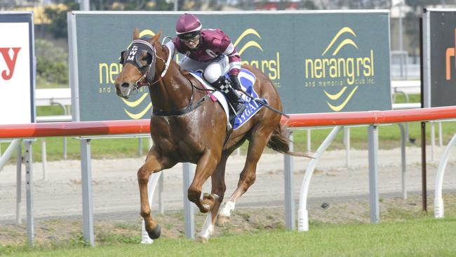 Jockey Brooke Ainsworth rides the Gary Moore-trained Manhattan Justice to victory at the Gold Coast on Saturday. Photo: Jessica Hawkins/Trackside Photography.