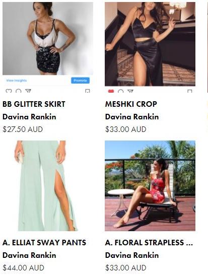 Davina's items on a clothes selling website.