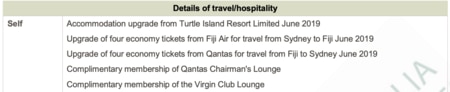 Scott Morrison's declarations which reveal he received a Qantas upgrade for his family in June 2019, while serving as Prime Minister.