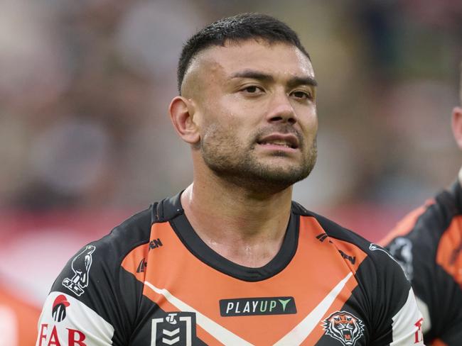 SYDNEY, AUSTRALIA - MAY 13: David Nofoaluma of the Tigers reacts during the round 11 NRL match between South Sydney Rabbitohs and Wests Tigers at Accor Stadium on May 13, 2023 in Sydney, Australia. (Photo by Brett Hemmings/Getty Images)