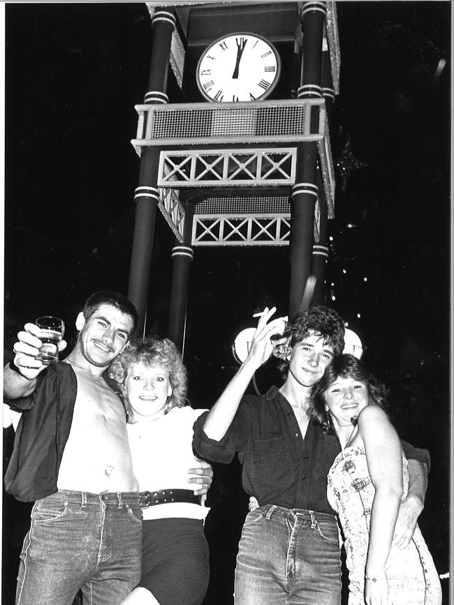 John Wanat, Michelle McGann, Andrew Sarah and Lana Raine at NYE celebrations under the Market Square Mall clock 1987. Picture: Philliip Stubbs