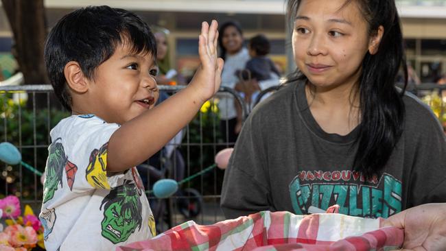Malachi Sarmiento and Rebecca Koh at the City of Palmerston Library's event on May 21, 2025 as hundreds gathered to take part in the National Simultaneous Storytime. Picture: Pema Tamang Pakhrin