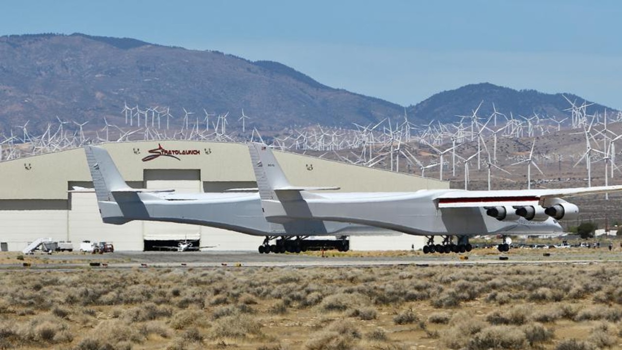 The Stratolaunch Roc aircraft, a six-engine jet with the world's longest wingspan, completed its second test flight, Thursday, April 29, 2021 in Mojave, California. Picture: AP Photo/Matt Hartman.