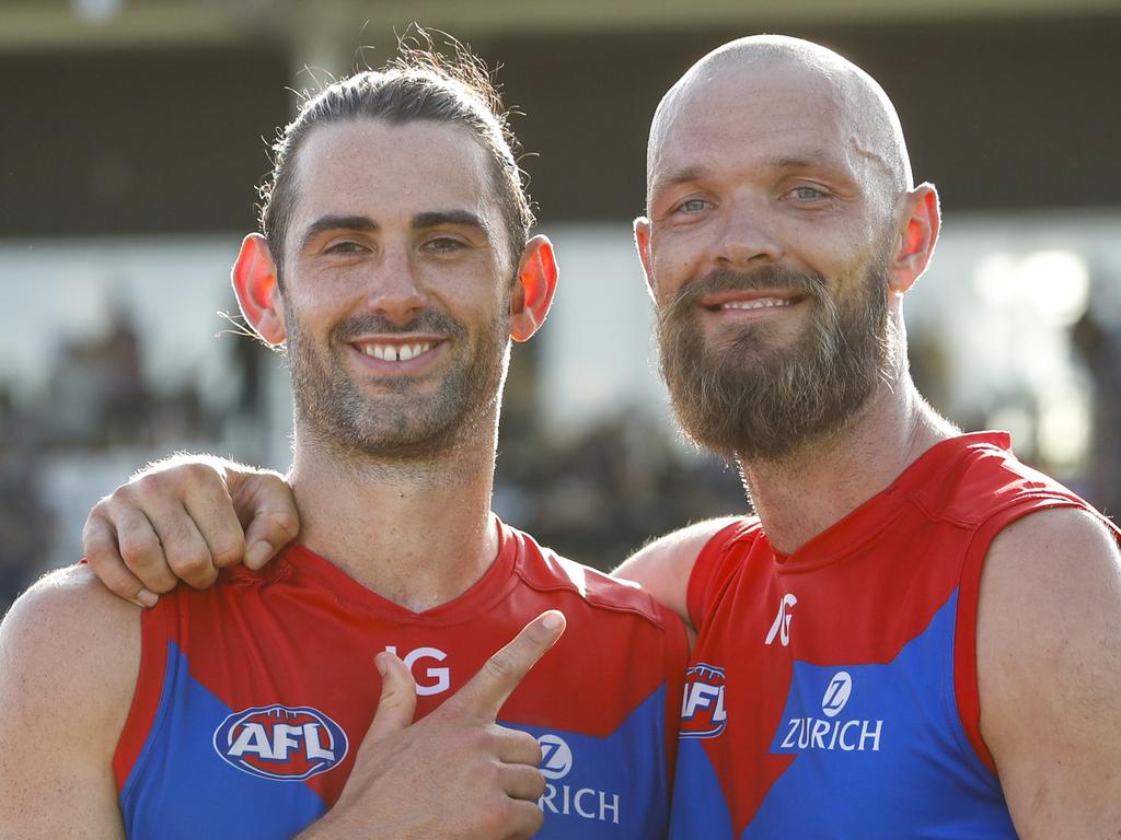 MELBOURNE, AUSTRALIA – FEBRUARY 24: Brodie Grundy and Max Gawn of the Demons pose for a photo during the 2023 AFL match simulation between the St Kilda Saints and the Melbourne Demons at RSEA Park on February 24, 2023 in Melbourne, Australia. (Photo by Dylan Burns/AFL Photos via Getty Images)