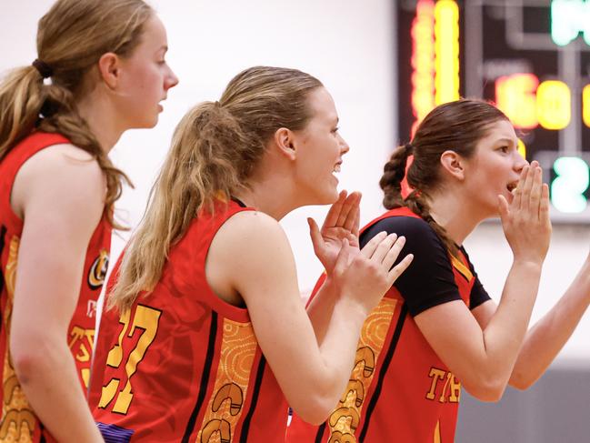 Melbourne Tigers players celebrate on the sidelines during the Under-18 Club Championships. Picture: Michael Farnell