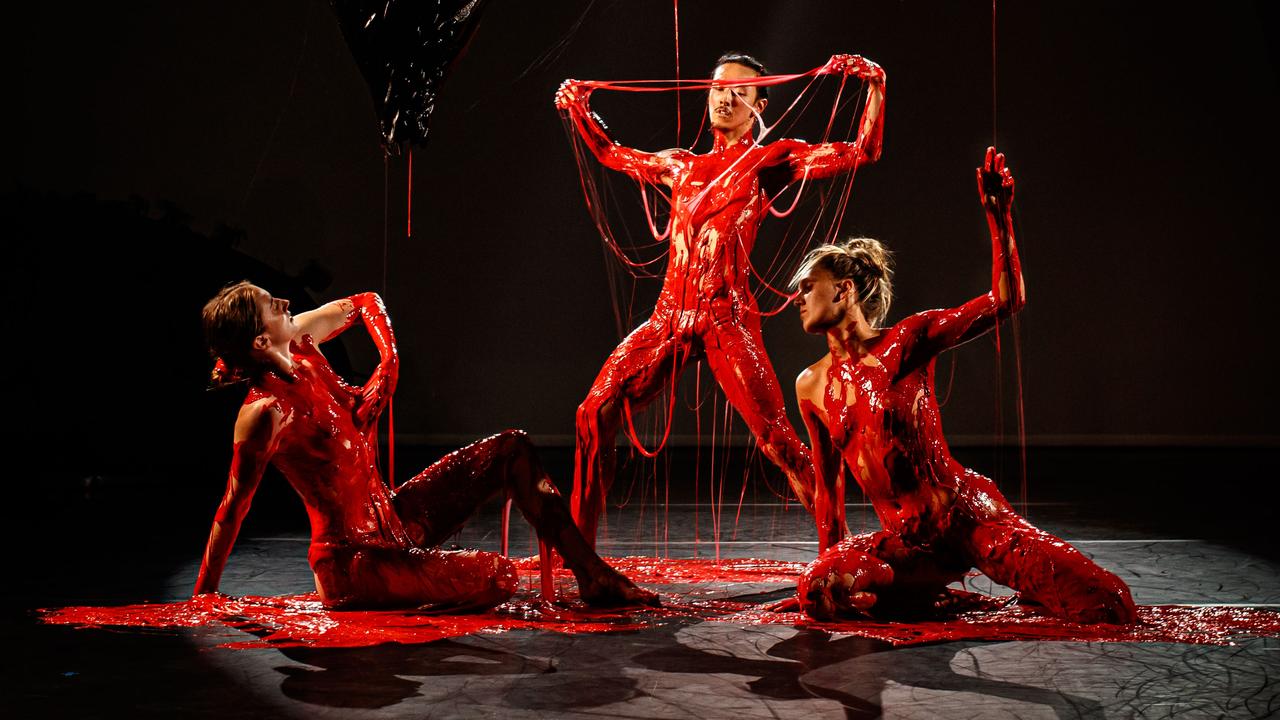 Australian Dance Theatre performers Ally Clarke, James Vu Anh Pham and Darci O’Rourke rehearse Supernature for the Adelaide Festival. Picture: Matt Turner.