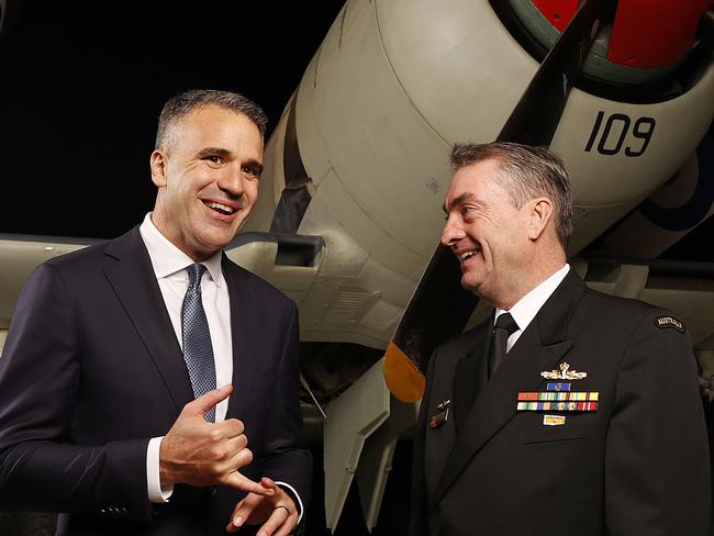 Defending Australia at the Australian War Memorial, Canberra , 22 May 2023 . Vice Admiral Chief of Nuclear Powered Submarine Taskforce Mead Jonathan Dallas Mead and Premier of South Australia Peter Malinauskas. Picture: Dylan Coker