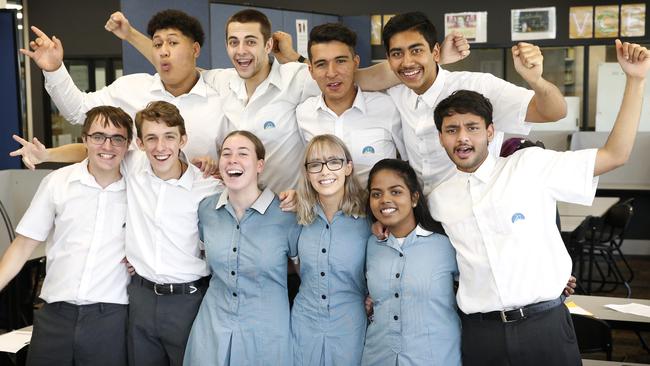 Cranbourne East Secondary students (back row, from left) Poe Pouesi, Jami Kolasinac, Rhamin Azizi, Armann Singh Gill, (front row) dux Jayden Hall, Cory Williams, Billie-Rose Hood, Abbey McGrath, Grace Tibusious and Nathan Fernando. Picture: David Caird