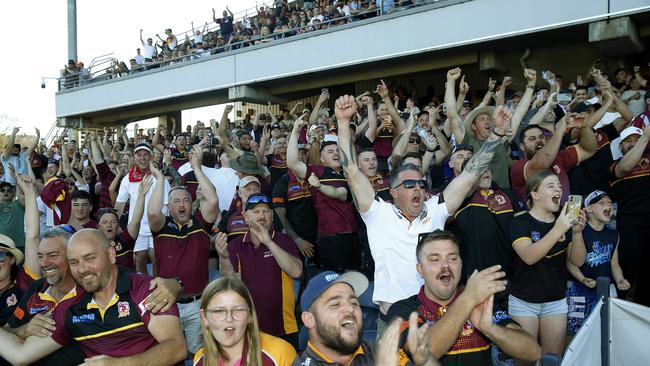 Thirlmere Roosters fans erupt at full time. Picture: John Appleyard