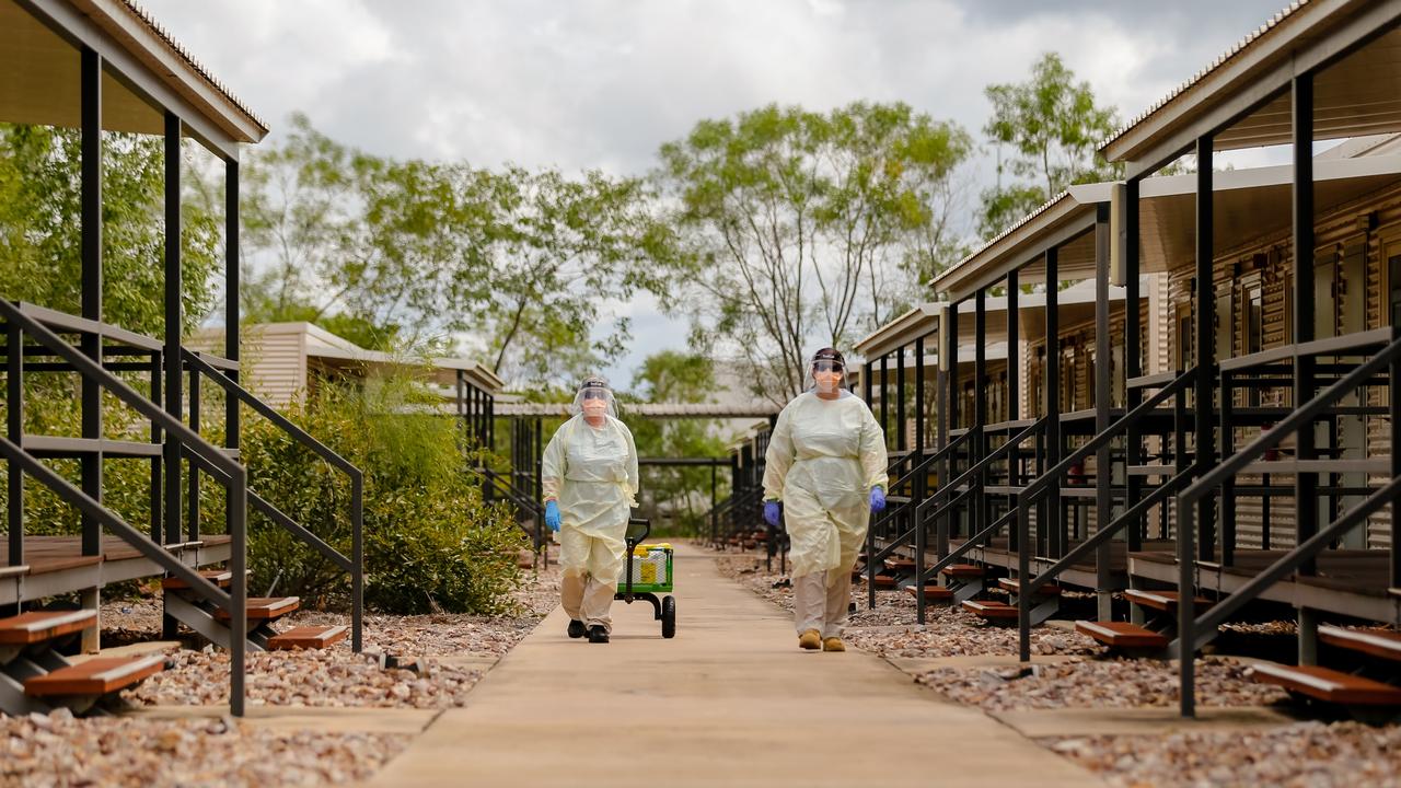 AUSMAT staff conduct a swabbing run at a PPE drill at the NCCTRCA/AUSMAT sections of the Howard Springs quarantine centre on Darwin's outskirts. Picture: GLENN CAMPBELL