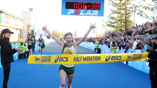 Keira D’Amato takes out the Gold Coast Marathon weekend ASICS half marathon on Saturday in a new record time - also besting the US record on Saturday in Southport. Picture: Richard Gosling