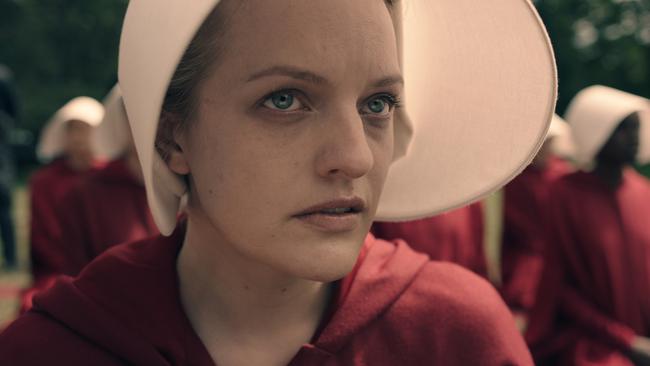 Actress Elisabeth Moss in the TV adaptation of Atwood’s award-winning, best-selling novel The Handmaid’s Tale.