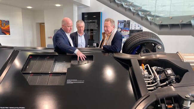 Craig Wilson, the Australian CEO of Williams Advanced Engineering, left, Paul McNamara, technical director of Williams Advanced Engineering, centre, and Andrew Forrest at the Williams Advanced Engineering HQ in Oxfordshire, UK.