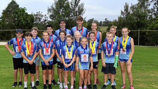 Gympie Athletics State Championship group include Levi Bourke, Ariel Bunter, Liam Bunter, Tayah Ellwoord, Ashton Fischer, Axle Fischer, Cooper Laycock, Trinity Maher, Declan McCabe, Georgina McCabe, Jorja McIntyre, Rhianna McIntyre, Blake Mullaly, Tamara Mullaly, Saul Roberts, Aiden Warner. Picture: Troy Jegers