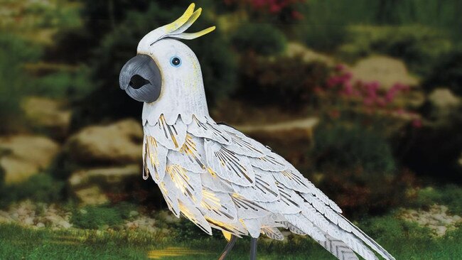 Bunnings no longer sells the metal cockatoo Shaun owns, but you can pick up a metal solar-powered cockatoo garden light for $20.