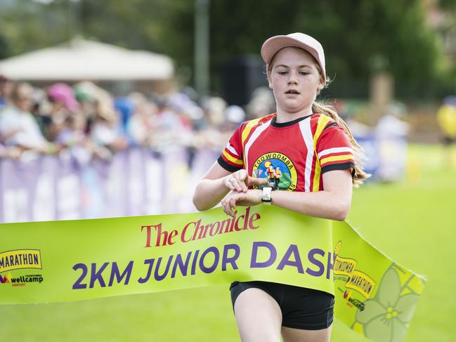 Eden Broksch is the first female to finish the 2km race of the Toowoomba Marathon event, Sunday, May 5, 2024. Picture: Kevin Farmer