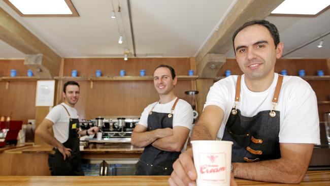 Owners and baristas at Salamanca's new coffee bar Salamanca Cream, brothers Alex, George and Nick Lazarou (from left to right). Picture: PATRICK GEE