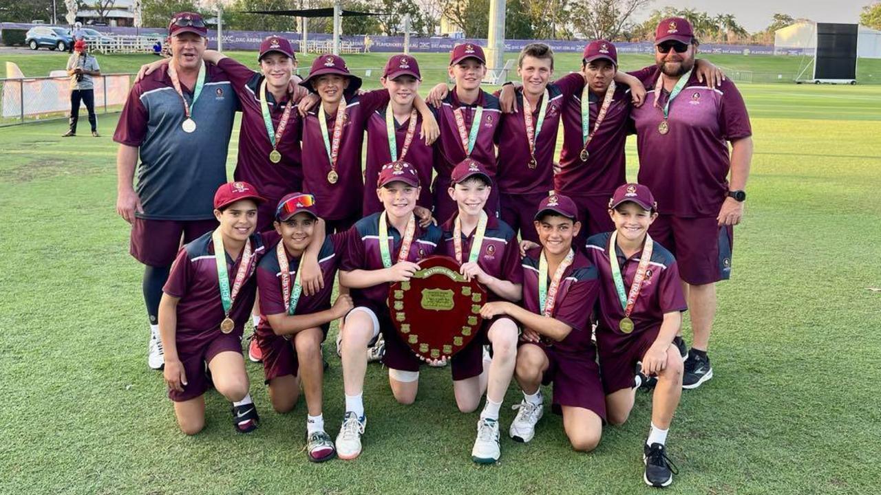 The Queensland Maroons won the 2023 SSA 12 &amp; Under Cricket Championships Boys in Darwin. Back row: David Gee (coach), Cooper Armstrong, Mason Cunning, Michael McLeod, Jack McGown, Jed Robinson, Eklavya Yadev and team manager Tim Smith. Front row: Joshua Brooke, Arjun Dhanda, Calem McCarthie (C), Caeden Ford (C), Daniel MacDonald, Marcus Strelow.