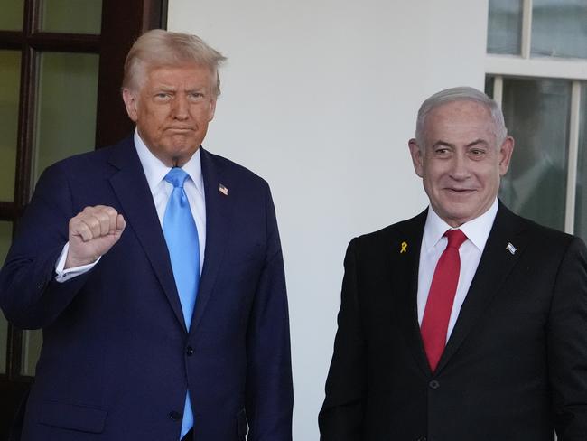 President Donald Trump greets Israeli Prime Minister Benjamin Netanyahu as he arrives at the West Wing of the White House. Picture: AP