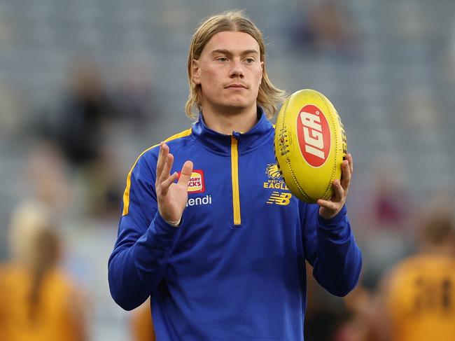 PERTH, AUSTRALIA - MAY 04: Harley Reid of the Eagles warms up before the 2024 AFL Round 08 match between the West Coast Eagles and the Essendon Bombers at Optus Stadium on May 04, 2024 in Perth, Australia. (Photo by Will Russell/AFL Photos via Getty Images)