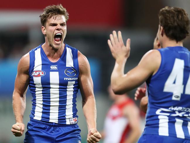 SYDNEY, AUSTRALIA - MAY 05:  Mason Wood of the Kangaroos celebrates kicking the final goal during the round seven AFL match between the Sydney Swans and the North Melbourne Kangaroos at Sydney Cricket Ground on May 5, 2018 in Sydney, Australia.  (Photo by Matt King/AFL Media/Getty Images)