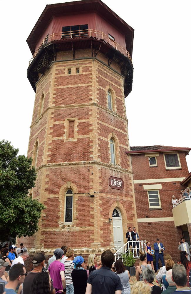Buyers gather for the Semaphore water tower auction. Picture: Tom Huntley