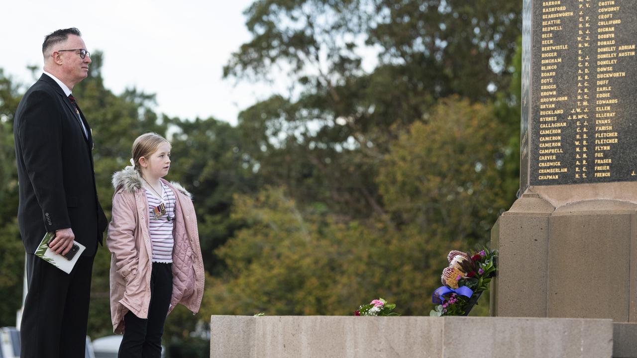 Rob Warrender and daughter Willow Warrender after Toowoomba's Anzac Day dawn service at the Mothers' Memorial, Thursday, April 25, 2024. Picture: Kevin Farmer