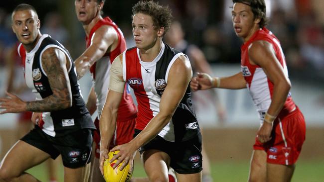 Jack Billings in action for St Kilda during a pre-season game against Sydney.