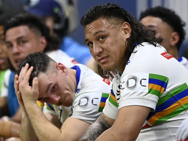 TOWNSVILLE, AUSTRALIA - AUGUST 17: Josh Papalii of the Raiders looks on from the bench during the round 24 NRL match between North Queensland Cowboys and Canberra Raiders at Qld Country Bank Stadium, on August 17, 2024, in Townsville, Australia. (Photo by Ian Hitchcock/Getty Images)