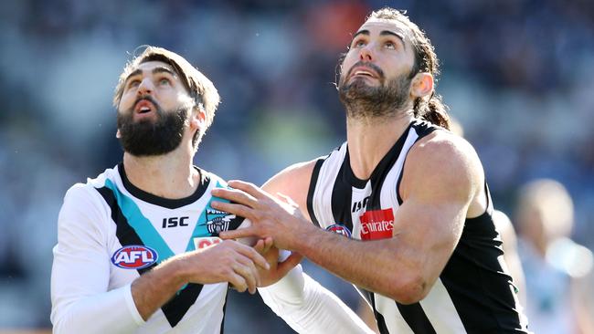 Port Adelaide's Justin Westhoff rucks against Collingwood's Brodie Grundy on Saturday. Picture: Michael Klein