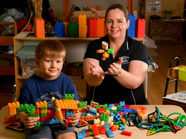 Tina Mackenzie with Cruz Newman, 4, at the Educating Kids Early Learning Centre at Domain Central, Townsville. Picture: Evan Morgan