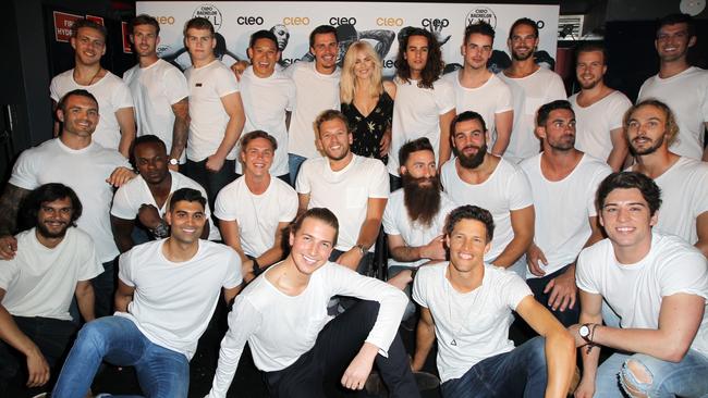 Presenter Carissa Walford joins the fellas at the Cleo Bachelor of the Year Party in Darlinghurst. Picture: Christian Gilles