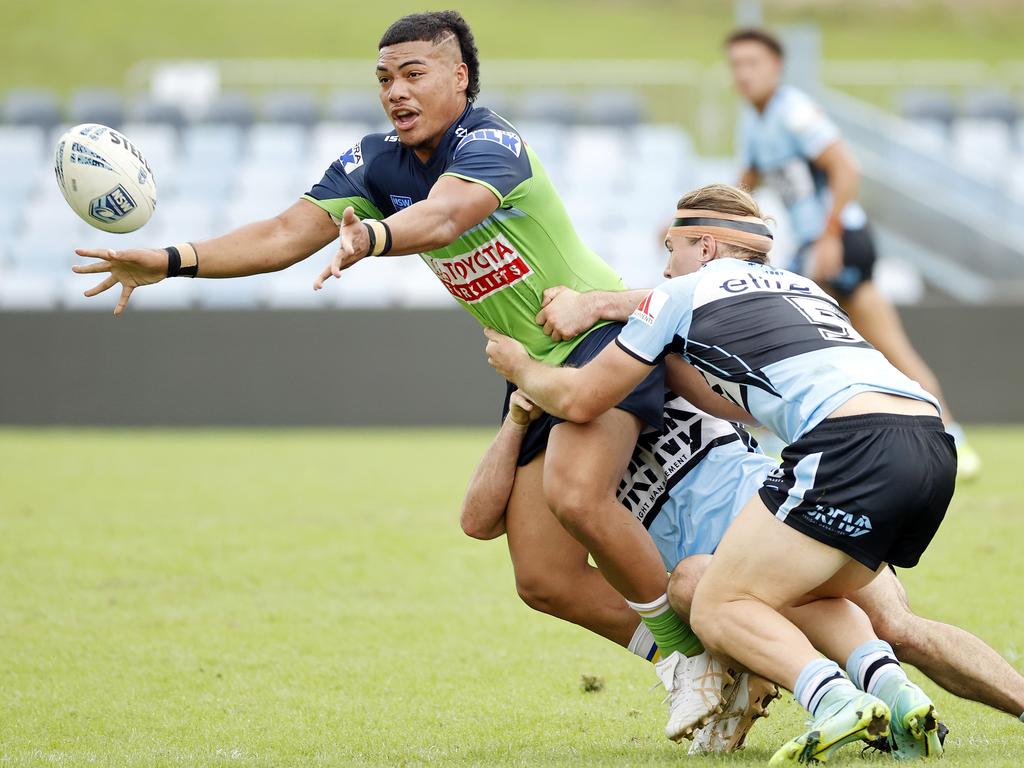 Raiders centre Prinston Esera offloading during the Cronulla Sharks v Canberra Raiders SG Ball clash at PointsBet Stadium. Picture: Tim Hunter.