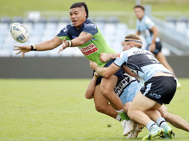 Raiders centre Prinston Esera offloading during the Cronulla Sharks v Canberra Raiders SG Ball clash at PointsBet Stadium. Picture: Tim Hunter.