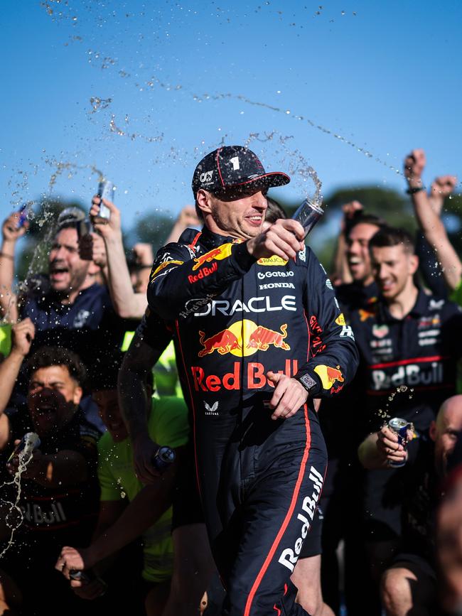 Race winner Max Verstappen celebrates with his team. Picture: Getty