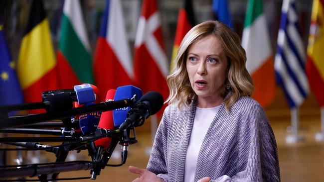 Italy’s Prime Minister Giorgia Meloni speaks to the press at the end of the European Council Summit.