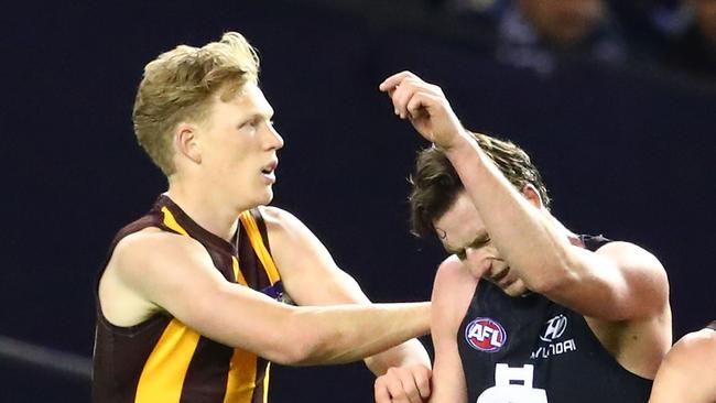 James Sicily received close attention from Jed Lamb. Photo: Scott Barbour/Getty Images
