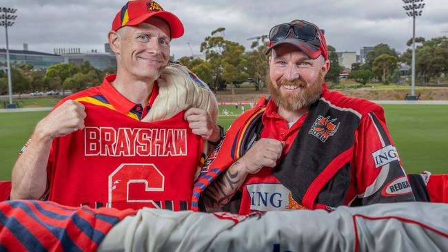 Jim Congdon (right) with fellow SA cricket superfan Lachlan McAuliffe at Karen Rolton Oval. Picture: Ben Clark