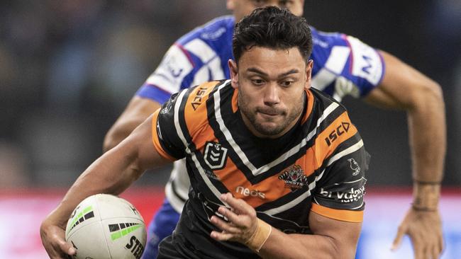 Tigers star David Nofoaluma has been sent for COVID-19 testing due to the outbreak in southwest Sydney. Picture: AAP.