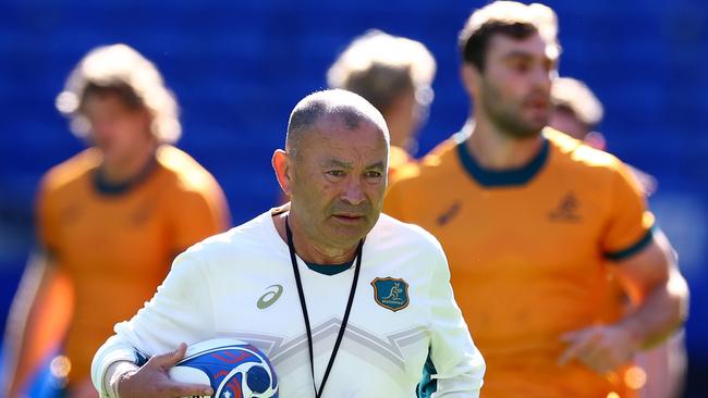 LYON, FRANCE - SEPTEMBER 23: Head Coach, Eddie Jones looks on during the Australia captain's run ahead of their Rugby World Cup France 2023 match against Wales at Parc Olympique on September 23, 2023 in Lyon, France. (Photo by Chris Hyde/Getty Images)