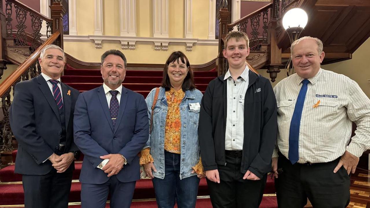 Lucinda legends Rae Moody and son Keldon Fletcher, flanked by North Queensland MPs Robbie Katter, Nick Dametto and Shane Knuth in Parliament House in Brisbane in 2024. Picture: Supplied